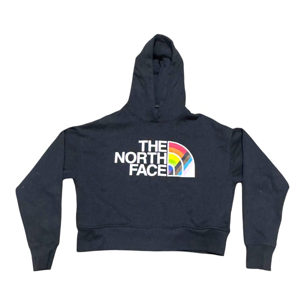 The North Face Womens XS Black Hoodie Rainbow Logo Sweatshirt Kangaroo Pocket